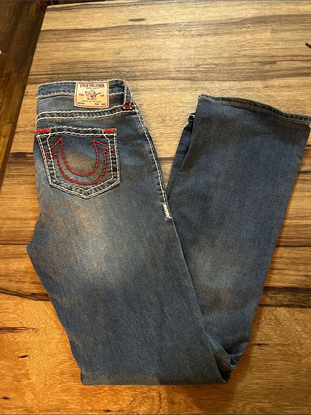 True Religion Becca Straight-Leg Jeans in Mid Blue with Red Stitching
